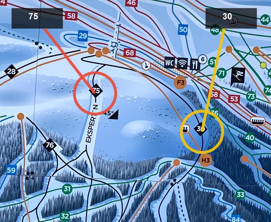Trysil 雪道图，标出黑道 30 和 75